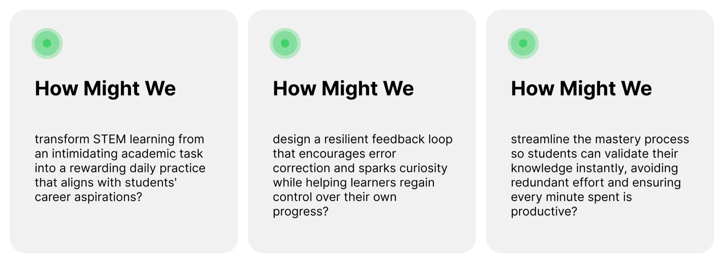 Three How Might We statements on daily practice, resilient feedback loops and streamlined mastery.
