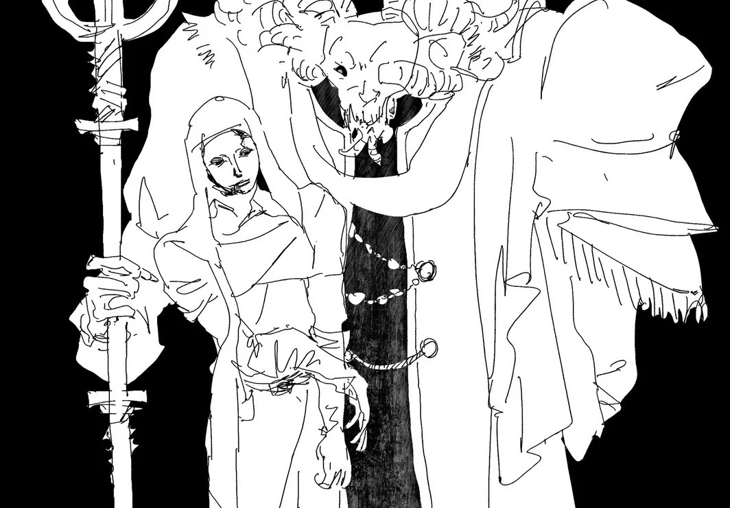 Black-and-white line illustration of two robed figures.